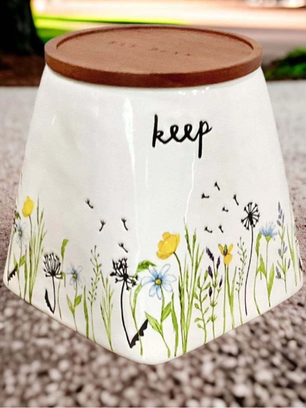 “Keep” Rae Dunn Floral Wildflower Ceramic Jar with Brown Wood Lid, 6” H x 4” D